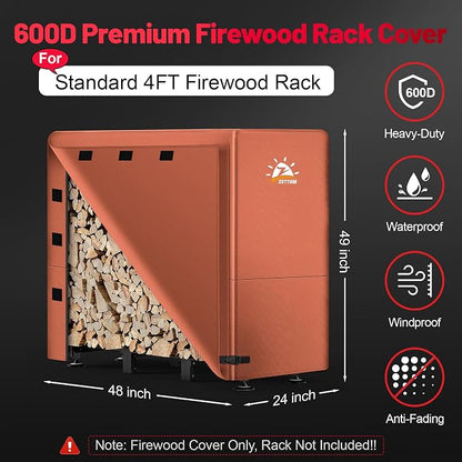 Zettum Firewood Rack Cover 4 Feet - 600D Wood Rack Cover Waterproof Heavy Duty, 4 Foot Outdoor Log Pile Holder Covers Storage for 4FT Standard Fire Wood Rack Stands (48 x 24 x 49 Inch)