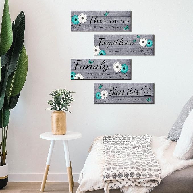 Joyhawk 4 Pcs Farmhouse Wall Decor with Teal Butterflies & Daisies, Rustic Wooden Signs Set (This is Us, Together, Family, Bless This Home), Grey Floral Wall Art for Living Room Bedroom, Housewarming Gift, 4.7" x 13.8"