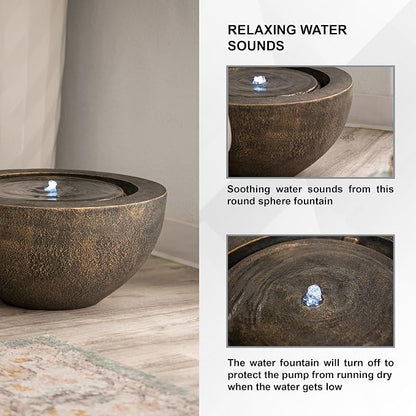 XBrand 9.65" H Round Sphere Water Fountain Indoor/Outdoor with LED Light, Polyresin Bubbler Feature for Patio, Yard, Home Décor - Bronze, Tranquil Serene Garden Accent