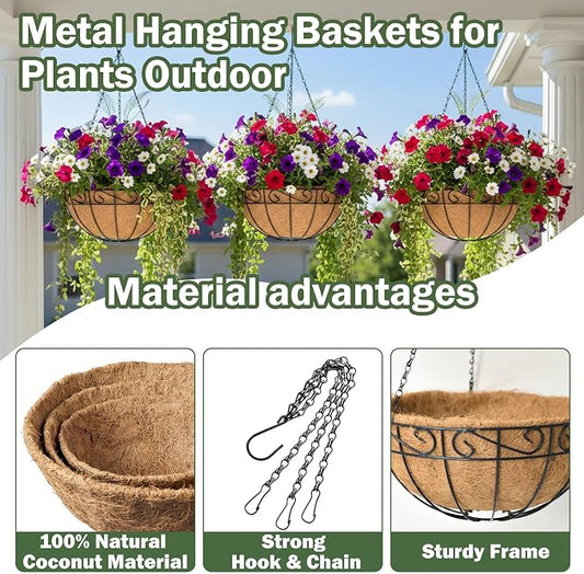 4 Pack 10 Inch Hanging Baskets for Plants Outdoor Metal Hanging Planter Basket with Coco Coir Liner Hanging Flower Baskets Hangings Flower Pots Holder for Garden, Patio(Flower)