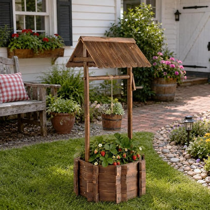 VINGLI Wooden Wishing Well Outdoor Planters, Well Covers for Yard with 4 Reinforced Rods, Height Adjustable Hanging Bucket, Rustic Flower Pot Decor for Outside Patio Garden(Carbonized, 25" Width)