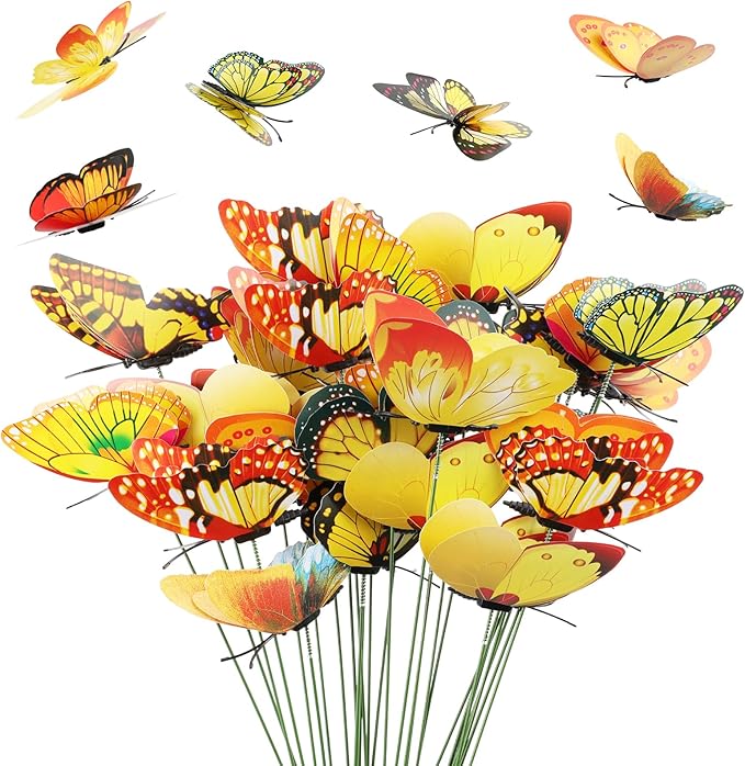 30PCS Yellow Butterfly Decor Fake Butterfly Stakes for Spring Garden Decor | 3D Waterproof Double Layer Butterfly Garden Stakes Artificial Butterflies for Flower Arrangements Outdoor Indoor Spring Decor