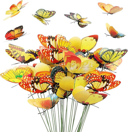 30PCS Yellow Butterfly Decor Fake Butterfly Stakes for Spring Garden Decor | 3D Waterproof Double Layer Butterfly Garden Stakes Artificial Butterflies for Flower Arrangements Outdoor Indoor Spring Decor