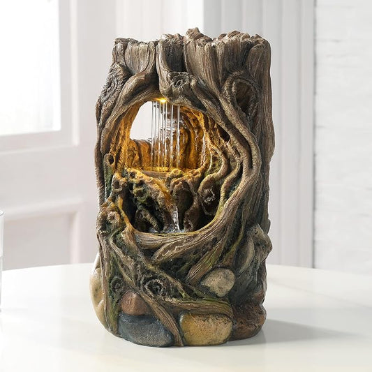 GOSSI Indoor Water Fountain Stump Rain Drop Meditation Desk Fountain Artistic Relaxation Waterfall for Home and Office Decor (22013)