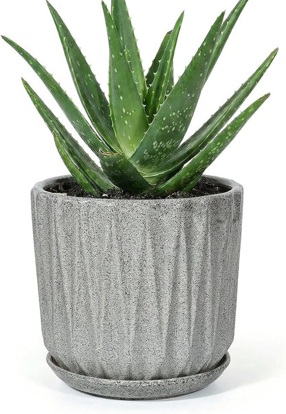 7.5 Inch Ceramic Planter Pot with Saucer Drainage Leak-Proof Mesh,Flower Pots for Indoor Plants with Gardening Gloves,Ceramic Planter(Stone Grey)