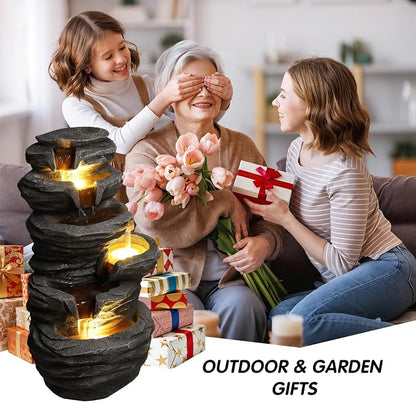 25.6" Outdoor Waterfall Fountain,Small Outdoor Fountain with LED Lights, Cascading Rock Design Garden Water Feature, freestanding Resin Fountain for Patio Backyard Porch Decor