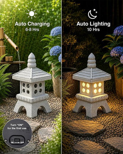 Nacome Solar Pagoda Garden Statues:15.7 inches Outdoor Weatherproof Resin Zen Decor for Landscape Balcony Patio Porch Yard Ornament(Gray)