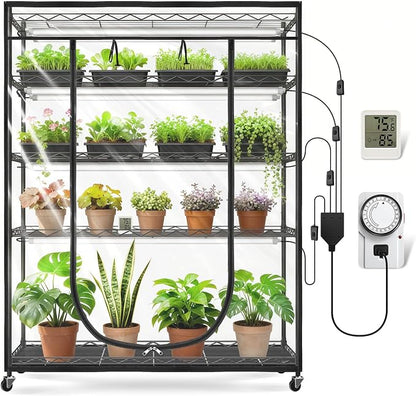 JESLED Indoor Greenhouse with Grow Light, 47.2x13.8x70IN | 4FT Full Spectrum 5000K LED for Seed Starting, Tiered Lighting Control, Built-in Timer & Thermo-Hygrometer