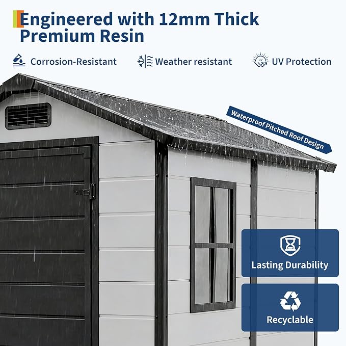 4x6 ft Outdoor Resin Storage Shed with Floor, Lockable Door & Window, Sloping Roof, Plastic Outdoor Sheds with Floor Garden Shed for Backyard Patio Lawn Mower Bike Tool Storage