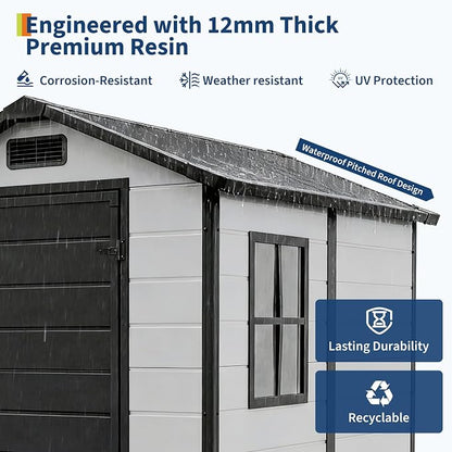 4x6 ft Outdoor Resin Storage Shed with Floor, Lockable Door & Window, Sloping Roof, Plastic Outdoor Sheds with Floor Garden Shed for Backyard Patio Lawn Mower Bike Tool Storage