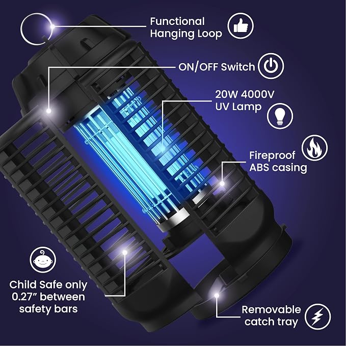 LiBa Bug Zapper Outdoor 4000V 20W, IPX4 Waterproof Insect Killer for Yard | 4000V grid, 20W brightness, IPX4 waterproof, switch control, outdoor bug zapper for backyard patio