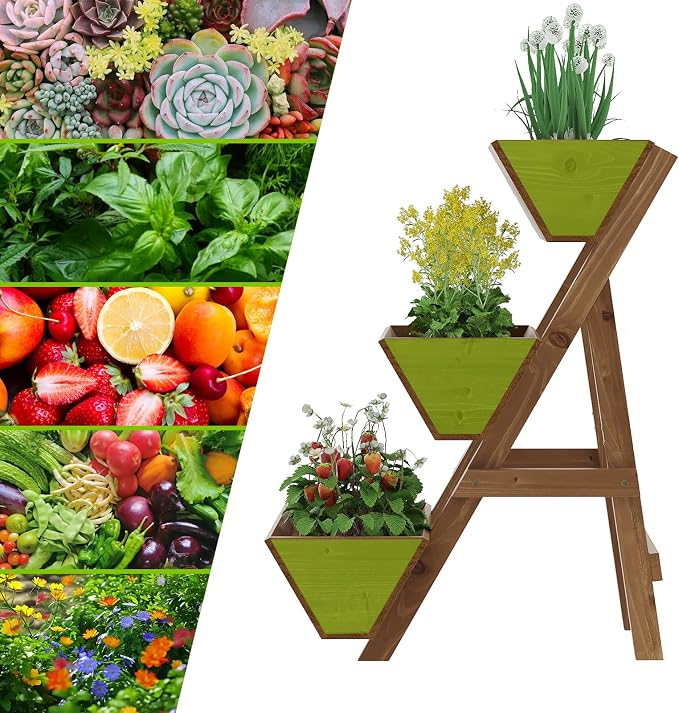 3-Tiers Wooden Raised Garden Bed Tiered Planter Box Flower Pots Vertical Garden Planter Wood Plant Stand for Vegetables Flowers Herbs for Patio, Balcony, Freestanding (Brown S)