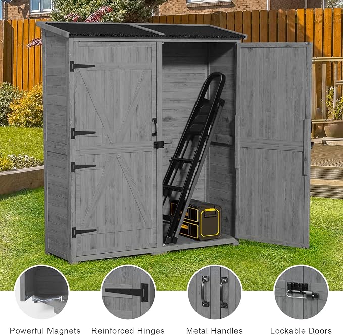 Gizoon Outdoor Storage Cabinet with Waterproof Roof, Double Lockable Doors Garden Shed with 2 Removable Shelves, Wooden Storage Shed with Large Storage Space for Patio, Garden, Backyard, Lawn, Grey
