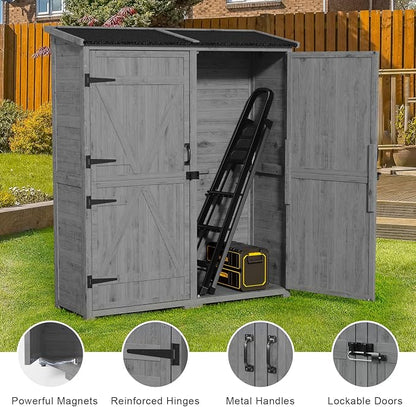 Gizoon Outdoor Storage Cabinet with Waterproof Roof, Double Lockable Doors Garden Shed with 2 Removable Shelves, Wooden Storage Shed with Large Storage Space for Patio, Garden, Backyard, Lawn, Grey