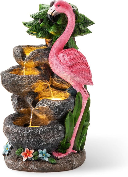 Glitzhome Outdoor Water Fountain, 4-Tiered Flamingo Outdoor Fountain with Lights, 23.5" H Polyresin Decorative Waterfall Feature Garden Fountain with Pump for Garden, Patio, Yard, Deck, Porch Decor