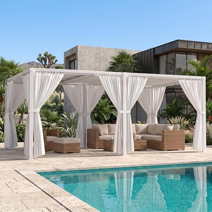 Louvered Pergola 12' x 20' with Waterproof Curtains, Large Outdoor Aluminum Pergola with Reinforced Steel Roof, Heavy-Duty Hardtop Gazebo, Privacy Shaded Shelter, White