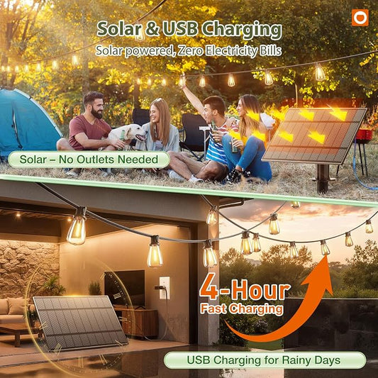 addlon 102(96+6) FT Solar String Lights Waterproof,Patio Light Solar Powered with Remote & USB Port 3 Modes, 48+4 LED Shatterproof Bulbs Outdoor Lighting for Camping Porch Backyard Garden