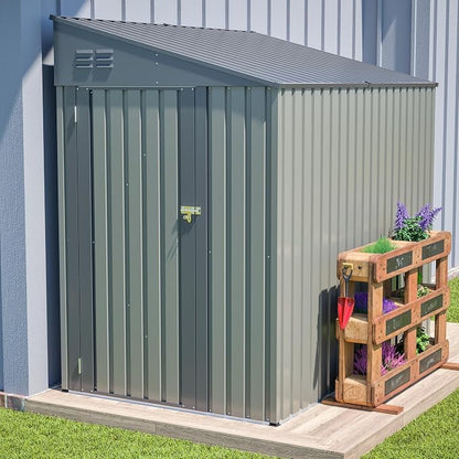 YOPTO 4x7 FT Lean to Storage Shed, Outdoor Metal Wall Side Storage Sheds with Lockable Door,Small Garden Tool Shed for Backayrd, Patio,Lawn,Easy Assembly,Gray