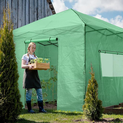 EAGLE PEAK 10x10 Portable Walk in Greenhouse, Pop Up Indoor Outdoor Greenhouse, Green House Kit with Zippered Roll-Up Doors and Windows, PE Cover, Clear/Green