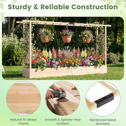 Giantex Wooden Raised Garden Bed with Trellis & Hanging Roof, 2 Pack Fir Wood Planter Box, 45” Freestanding Elevated Garden Bed for Outdoor Climbing Plants Vegetables Flowers, Patio & Balcony, Natural