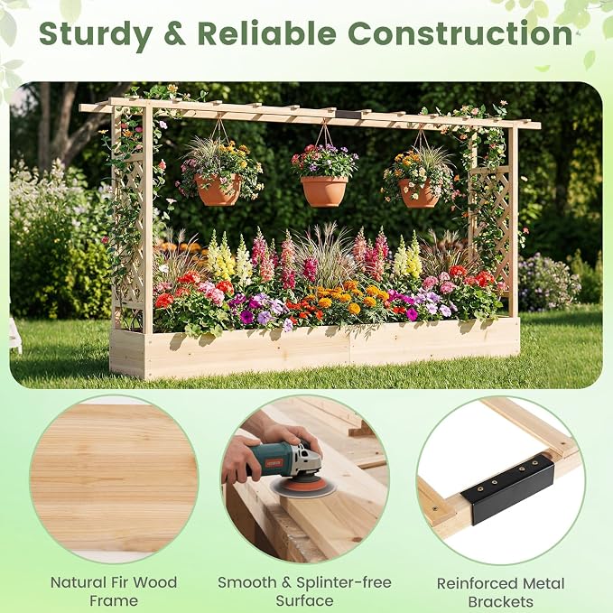 Giantex Wooden Raised Garden Bed with Trellis & Hanging Roof, Fir Wood Planter Box, 45” Freestanding Elevated Garden Bed for Outdoor Climbing Plants Vegetables Flowers, Patio & Balcony, Natural