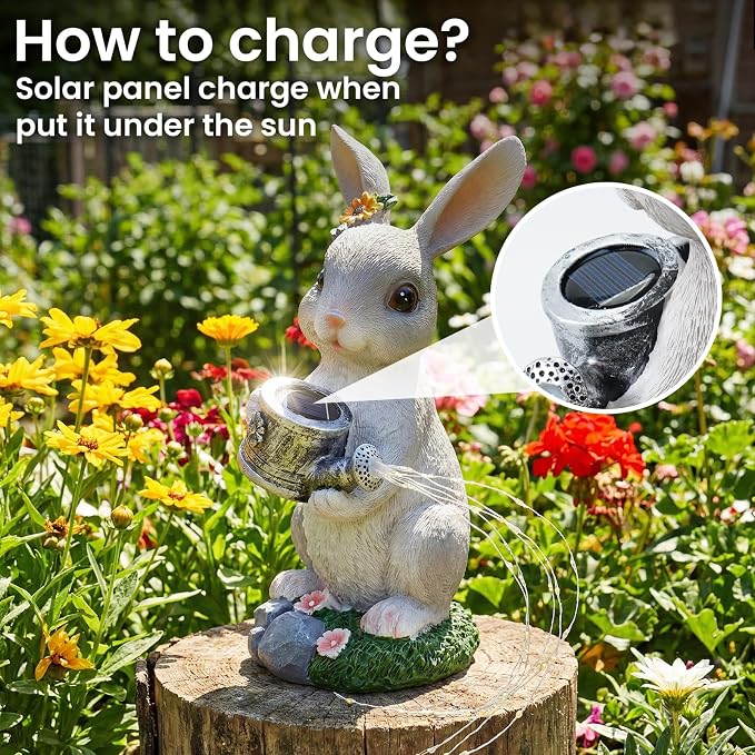 Solar Rabbit Garden Statues Outdoor Decor, Resin Rabbit Figurine Decorations with Solar Watering Can Light, Whimsical Bunny Sculpture for Garden Patio, Balcony, Yard, Lawn Ornament