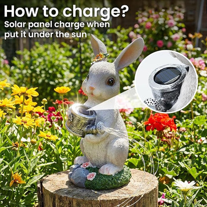Solar Rabbit Garden Statues Outdoor Decor, Resin Rabbit Figurine Decorations with Solar Watering Can Light, Whimsical Bunny Sculpture for Garden Patio, Balcony, Yard, Lawn Ornament