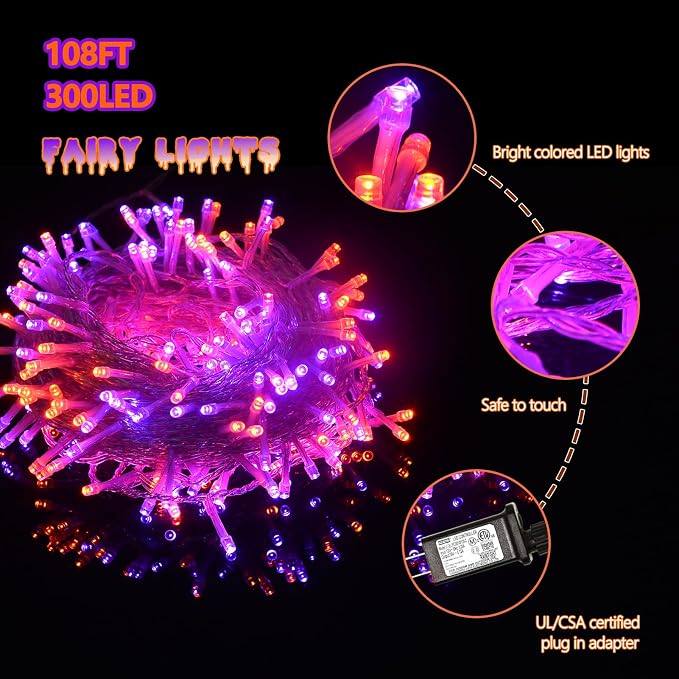 Halloween Decorations 300 LED String Lights Plug-in, 8 Modes 108ft Orange Purple Halloween Fairy Lights for Party Bedroom Indoor Outdoor Decor