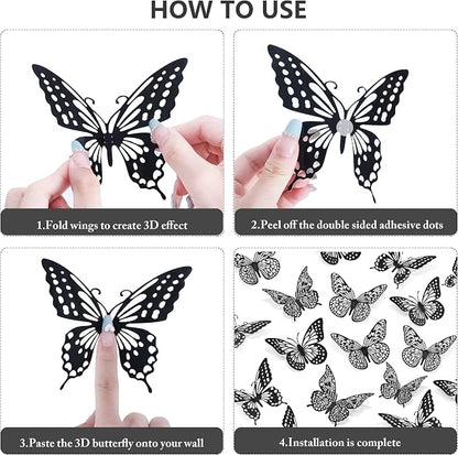 SAOROPEB 3D Butterfly Wall Decor - 48 Pcs, 4 Styles, 3 Sizes - Gold Butterfly Decorations for Birthday and Party Cake Decorations - Removable Stickers (Black)