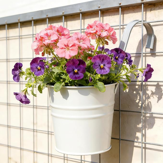 KINGLAKE Flower Pots,10 Pcs Metal Iron Hanging Flower Plant Pot Balcony Garden Plant Planter Baskets Fence Bucket Pots 6.3'' Flower Holders with Detachable Hook White