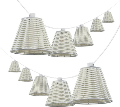 JONATHAN Y 10' White 10-Light Indoor/Outdoor LED String Lights for Patio, Classic Cottage Faux-Rattan Shaded Hanging Lights for Balcony, Deck, Coastal Decor (JYL8706B)
