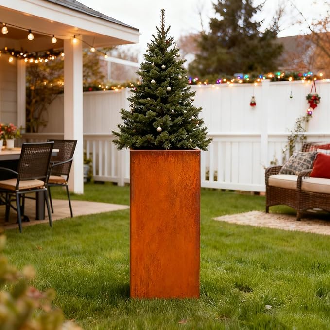 Corten Steel Planter Box for Outdoor Plants 14"x14"x30" Metal Planter Spliced Planter Box with Removable Insert Sherf for Outside,Indoor,Garden (Corten, 14 * 14 * 30)