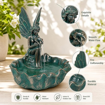 ZMG 14" Angel Fairy Outdoor Water Fall Fountain, Durable Resin Garden Fountain for Home Decor, Office, Gardens, Landscaping, Patios, Balconies, Bronze, Gift Ideas