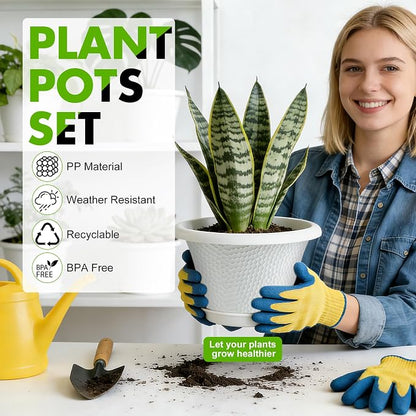 Quarut 12 Inch Plant Pot,4 Pack Large pots for Plants,Flower Pots with Drainage Hole & Saucer,Modern Planters for Indoor Outdoor Plants,Decorative Resin Garden Pots,White