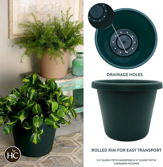 The HC Companies Classic Round Plastic Plant Pot w/Rolled Rim - Lightweight & UV Resistant Flower Pot for Herbs & More - Outdoor & Indoor Plant Pots w/Drainage (14 inch Evergreen, Pack of 1)