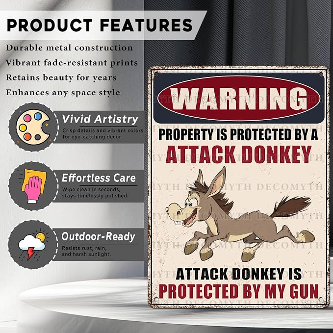 Metal Tin Sign Vintage Retro Wall Decor Warning Beware of Donkey Property Is Protected By a Attack Donkey Funny Tin Sign for Home Backyard Garden Patio 12 * 16inch