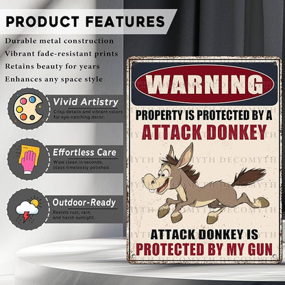 Metal Tin Sign Vintage Retro Wall Decor Warning Beware of Donkey Property Is Protected By a Attack Donkey Funny Tin Sign for Home Backyard Garden Patio 12 * 16inch