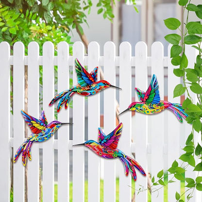 ULENDIS 4 Pack Metal Hummingbird Wall Art Decor, 3D Colorful Outdoor Wall Art Fence Decorations for Patio and Yard, Wall Sculpture Hanging Decor for Garden Living Room Balcony (C)