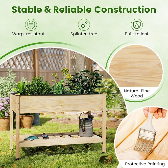 S AFSTAR 2 Pieces Wooden Raised Garden Bed with Wheels, Elevated Planter Box with Legs, Storage Shelf, Liner & Drainage Holes, Indoor Outdoor Patio Gardening Box for Vegetable, Flower & Herb