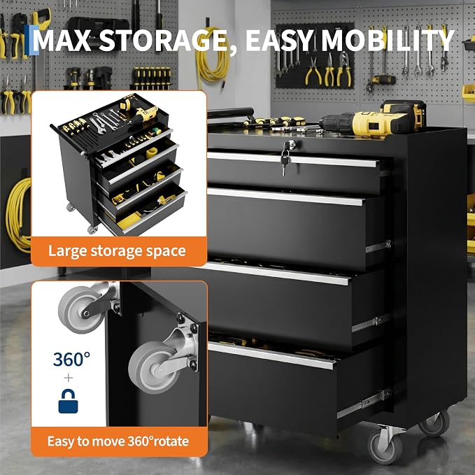 Rolling Tool Chest, 4-Drawer Tool Storage Cabinet, Tool Box with Wheels, Lock System and Drawer Liners, Tool Cart for Warehouse, Workshop and Repair Shop, Black