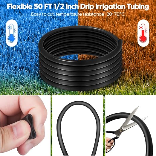 50 FT 1/2 Inch Drip Irrigation Tubing Kit-Drip Line Irrigation Hose 1/2 Inch with 1/2" to 1/4" Barbed Locked 6-Way & 1/2" Tee Connectors-Drip Tube Irrigation Fittings System Parts for Garden Watering