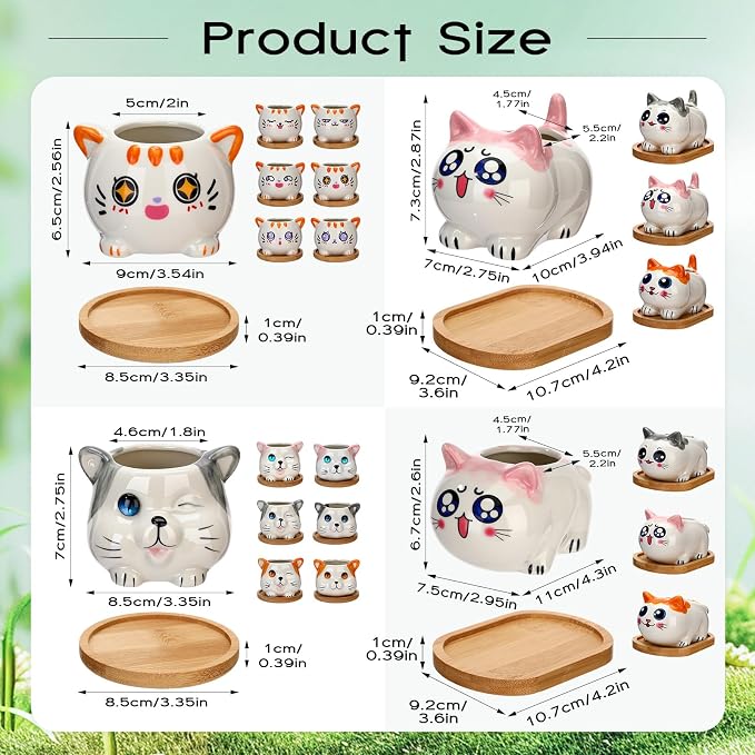 Cindeer 18 Pcs 2.5 Inch Cat Ceramic Succulent Planter Pots – Cute Cat Small Pots with Drainage Hole and Bamboo Tray for Succulents, Cactus, Home Garden Office Desk Decoration Gift Ideas