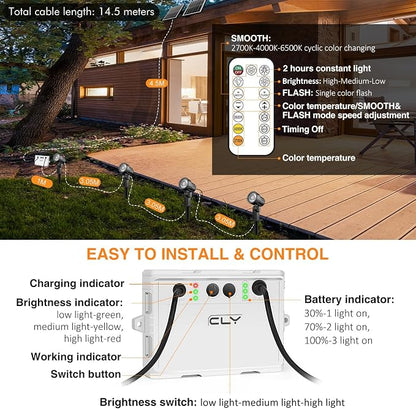 CLY 4 in 1 Solar Landscape Spotlights Outdoor 2700-6500K Dusk to Dawn | IP66 Waterproof, Remote Control 2Modes 3Brightness Adjustable 2700-6500K Auto On/Off 14M Cable for Garden Pathway Trees Flag