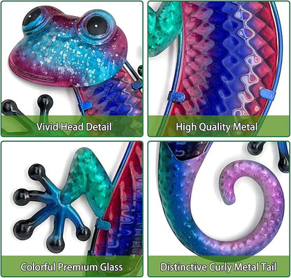 HONGLAND Lizard Metal Wall Art-15 Inch Gecko Wall Decor Hanging Glass Sculpture, 2 Pack Yard Decorations Outdoor for Garden Fence Home