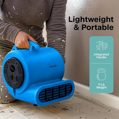 SereneLife Air Mover Blower Fan 1000 CFM – Powerful High Performance 3-Speed Fan for Floor & Carpet Drying, Portable Floor Fan w/Adjustable Tilt, Plug Multiple Units for Home Garage & Restoration Use