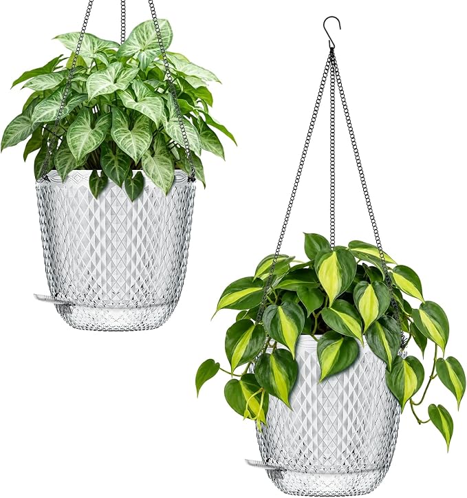 QCQHDU 5.7 Inch 2 Pack Small Hanging Planters for Indoor Outdoor Plants,Self Watering Flower Pots Hanging Basket Plant Hanger with Drainage Holes and 3 Hooks for Window Porch Garden Balcony, (White)
