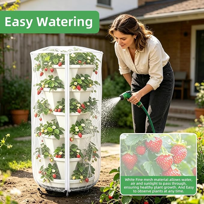2PCS Mesh Vertical Planter Bug Netting, 39"X20" Large Stackable Planter Netting 5 Tier Strawberry Planter Protector White Round Garden Bird Netting Plant Cover with Zipper for Tomato Flower Fruit
