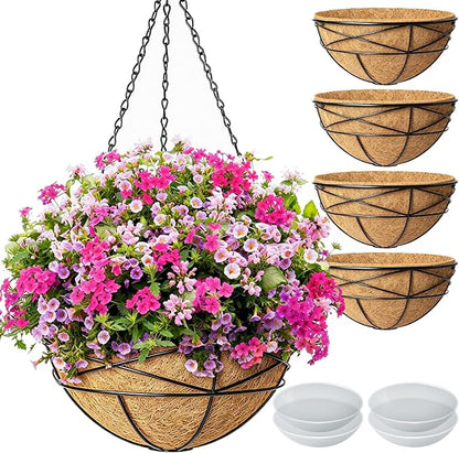 4 Pack 14 Inch Hanging Baskets for Plants Outdoor Large Flower Planters with Coco Liner for Outside Panting Watering Plant Pot Holder for Home Garden Porch Balcony Railings Decor