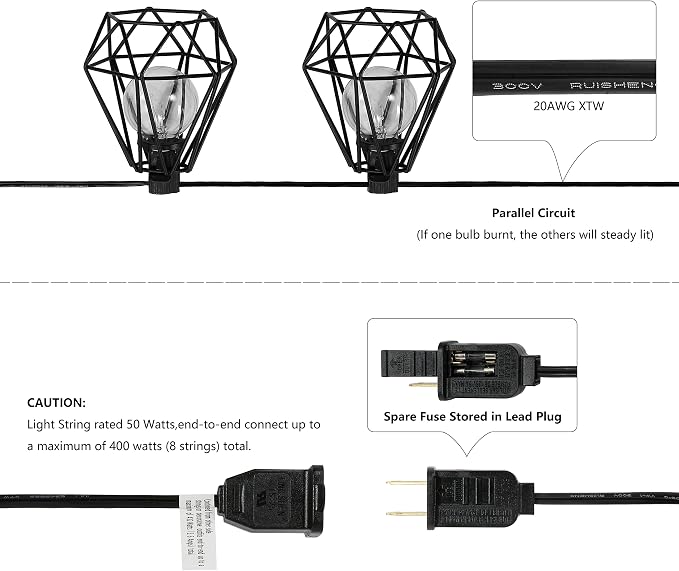 JONATHAN Y 10' Black LED String Lights, 10-Light Indoor/Outdoor Set for Patio Deck, Modern Iron Diamond Cage Shade, Weather-Resistant, Connectable, UL Listed JYL8705A