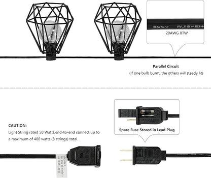 JONATHAN Y 10' Black LED String Lights, 10-Light Indoor/Outdoor Set for Patio Deck, Modern Iron Diamond Cage Shade, Weather-Resistant, Connectable, UL Listed JYL8705A